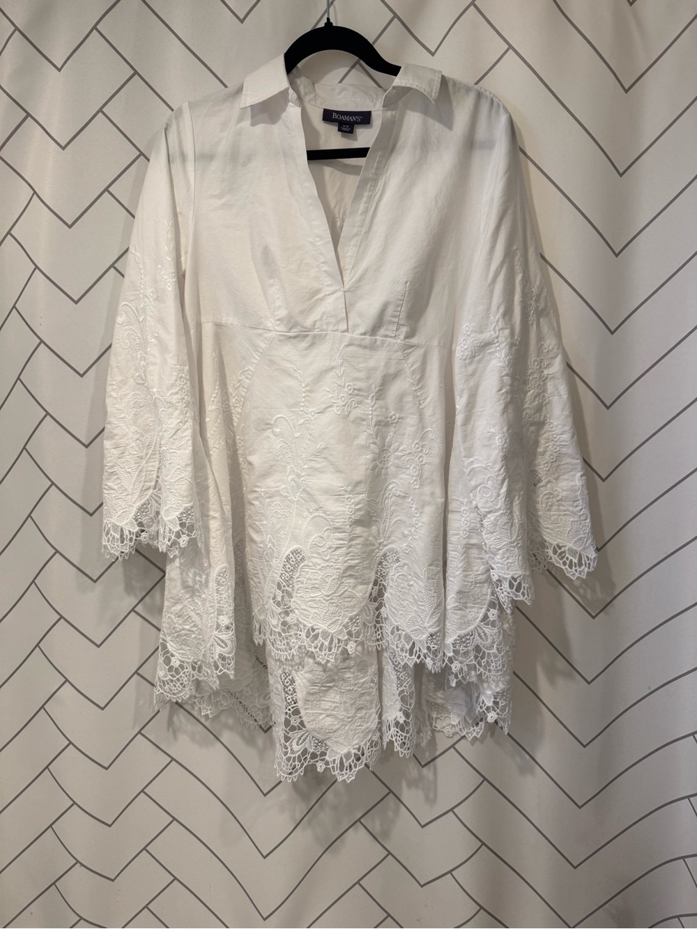 Roaman's White Lace-Trim V-Neck Tunic